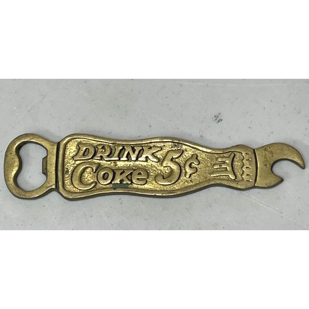 Coca-Cola Drink Coke 5¢ Brass Bottle Opener Wrench Advertising Collectible